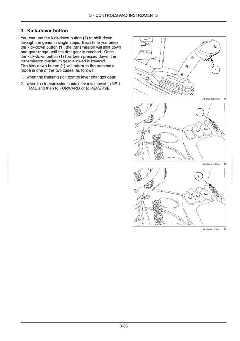 May include: Diagram of vehicle controls, including a kick-down button labeled (1). The image shows various control panels with labeled components, illustrating the function of the kick-down button and gear shifting.