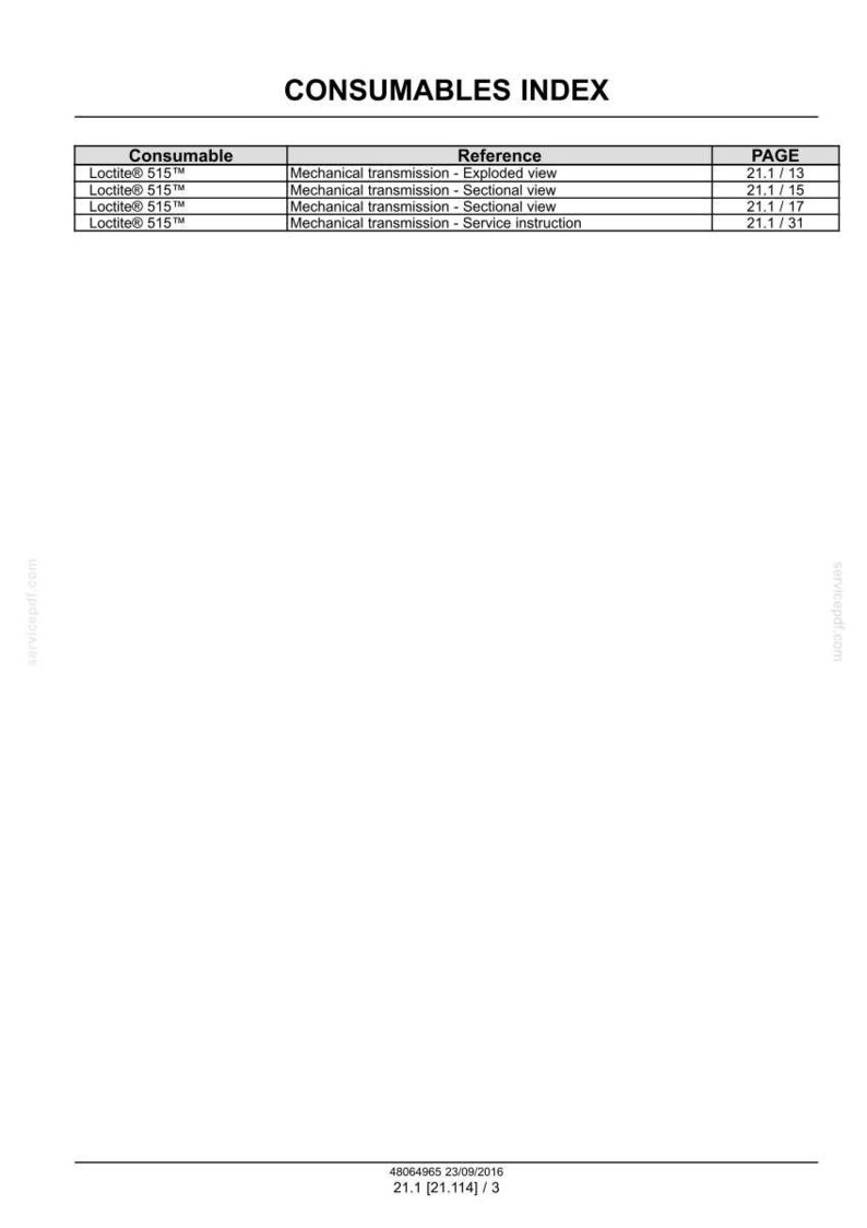 May include: A white document titled "CONSUMABLES INDEX" with a table listing "Loctite 515" products and their references to mechanical transmission views and service instructions. Page numbers are listed on the right.