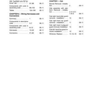 May include: A page from a manual with the title "CONTENTS" at the top. The page lists tables, wiring harnesses, and connectors with page numbers and dates. The text includes "90 - PLATFORM, CAB, BODYWORK" and "CHAPTER 1 - Cab".