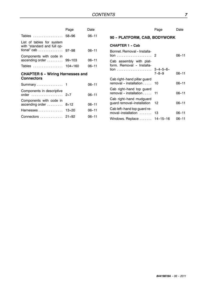 May include: A page from a manual with the title "CONTENTS" at the top. The page lists tables, wiring harnesses, and connectors with page numbers and dates. The text includes "90 - PLATFORM, CAB, BODYWORK" and "CHAPTER 1 - Cab".