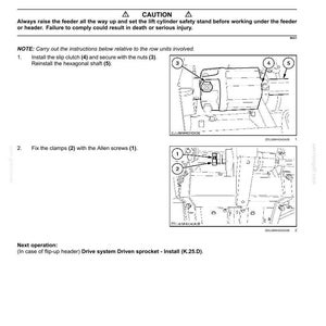 以下が含まれることがあります： ローユニットへのスリップクラッチの取り付け手順を示す図。テキストは「Slip clutch - Install」で、番号付きの手順とイラストが含まれています。安全に関する警告も含まれています。図は部品とその配置を示しています。
