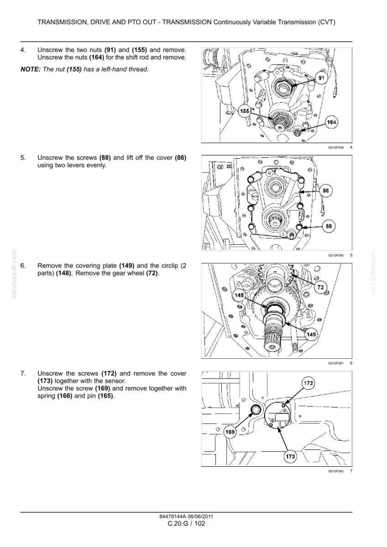 Op de afbeelding: Technische tekening van een transmissie-assemblage met aanduidingen voor onderdelen zoals moeren, schroeven en een tandwiel. De afbeelding bevat demontage-instructies met onderdeelnummers.