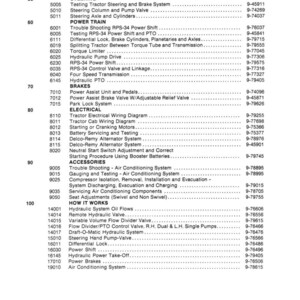 May include: A printed page from a manual, listing tractor parts and systems. Categories include steering, power train, brakes, electrical, accessories, and how it works. The document is dated April 1979.