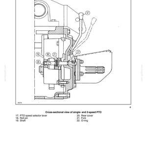 May include: A technical black and white line drawing showing a cross-sectional view of a power take-off mechanism. The diagram includes labels for components such as the PTO speed selector lever, roll pin, shaft, rear cover, fork, and O-ring.