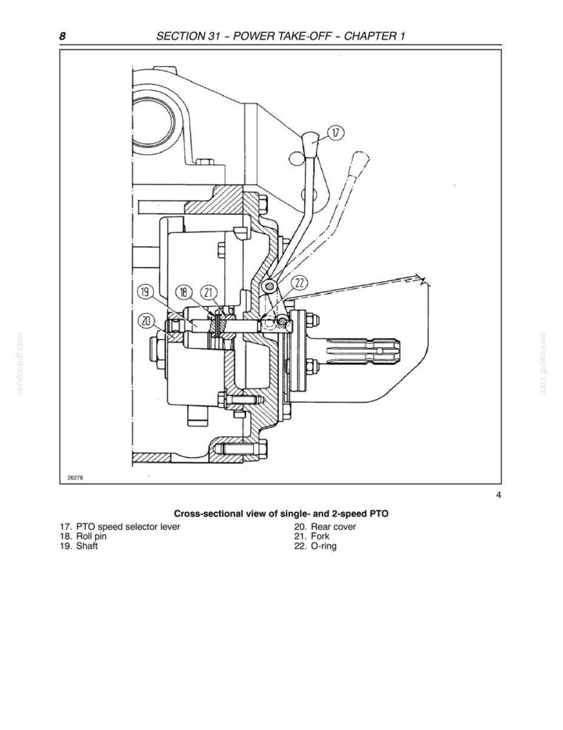 May include: A technical black and white line drawing showing a cross-sectional view of a power take-off mechanism. The diagram includes labels for components such as the PTO speed selector lever, roll pin, shaft, rear cover, fork, and O-ring.