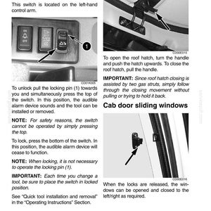 May include: Diagram showing vehicle controls, including a switch for quick coupler locking and unlocking, plus instructions for the roof hatch and cab door sliding windows.