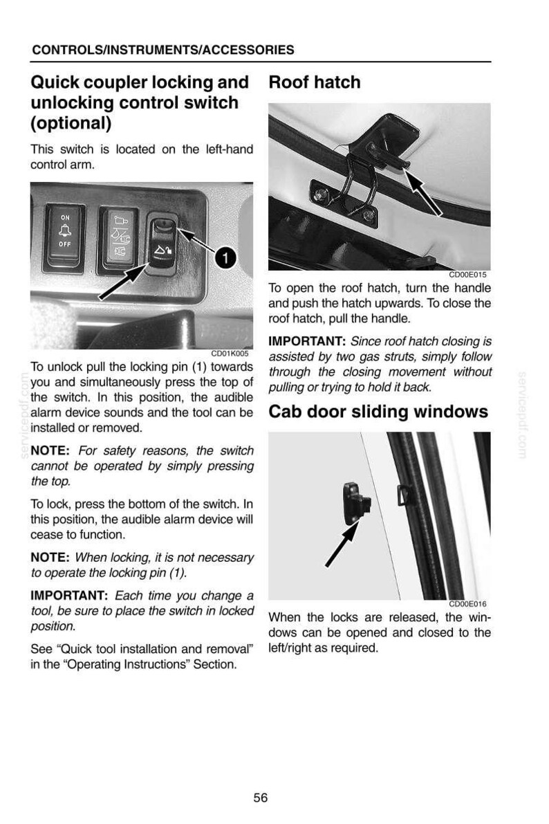 May include: Diagram showing vehicle controls, including a switch for quick coupler locking and unlocking, plus instructions for the roof hatch and cab door sliding windows.