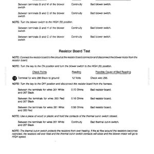 May include: A printed page with technical instructions for testing a resistor board. The document includes check points, readings, and possible causes of bad readings. The text is in black and white.