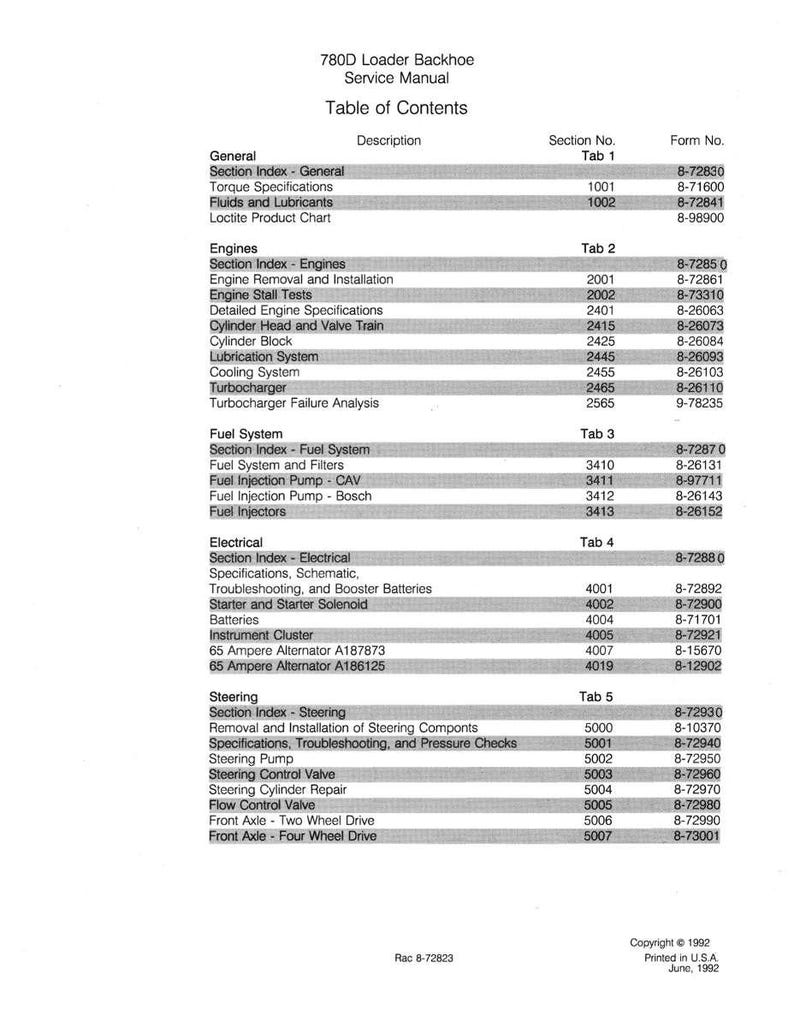 May include: A printed table of contents from a 780D Loader Backhoe Service Manual. The document lists sections such as Engines, Fuel System, Electrical, and Steering, with corresponding section and form numbers. Copyright 1992.