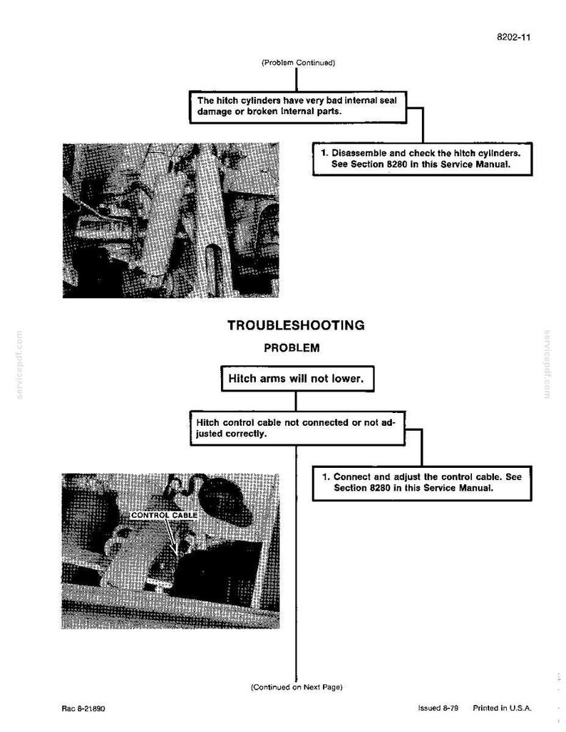 May include: A black and white troubleshooting diagram from a service manual. The diagram includes text boxes with troubleshooting steps and images of machinery parts. The text includes "Hitch arms will not lower" and "Control Cable".