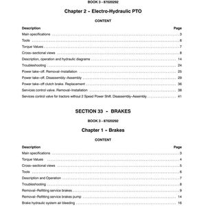 Puede incluir: Una p&aacute;gina de manual con los t&iacute;tulos "SECTION 31 - POWER TAKE-OFF" y "SECTION 33 - BRAKES". El contenido incluye t&iacute;tulos de cap&iacute;tulos, descripciones y n&uacute;meros de p&aacute;gina. Texto negro sobre fondo blanco.