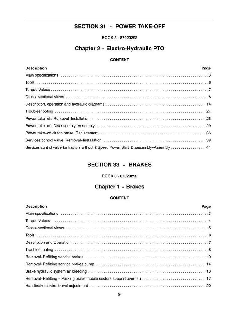 Puede incluir: Una p&aacute;gina de manual con los t&iacute;tulos "SECTION 31 - POWER TAKE-OFF" y "SECTION 33 - BRAKES". El contenido incluye t&iacute;tulos de cap&iacute;tulos, descripciones y n&uacute;meros de p&aacute;gina. Texto negro sobre fondo blanco.