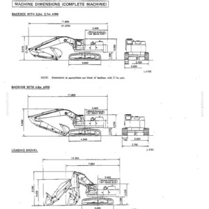 K&ouml;nnte beinhalten: Ein technisches Spezifikationsdokument mit dem Titel MACHINE DIMENSIONS (COMPLETE MACHINE), das schwarz-wei&szlig;e Strichzeichnungen eines Baggerladers und einer Ladeschaufel zeigt. Die Diagramme enthalten detaillierte Ma&szlig;e in Millimetern.