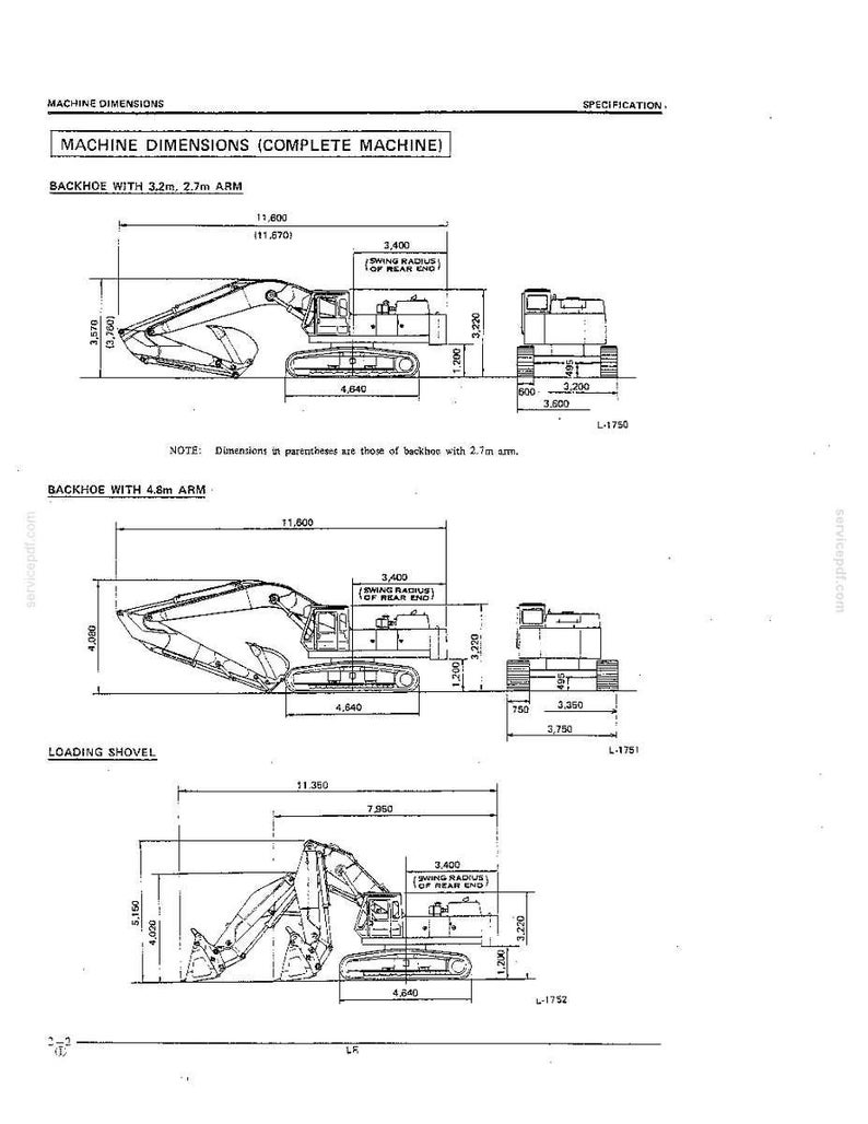 K&ouml;nnte beinhalten: Ein technisches Spezifikationsdokument mit dem Titel MACHINE DIMENSIONS (COMPLETE MACHINE), das schwarz-wei&szlig;e Strichzeichnungen eines Baggerladers und einer Ladeschaufel zeigt. Die Diagramme enthalten detaillierte Ma&szlig;e in Millimetern.