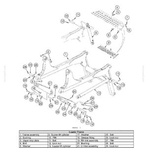 May include: Diagram of a working arm single arm lift, with various parts labeled. Includes a loader frame with components like bolts, bushings, and cylinders. The diagram is in black and white.