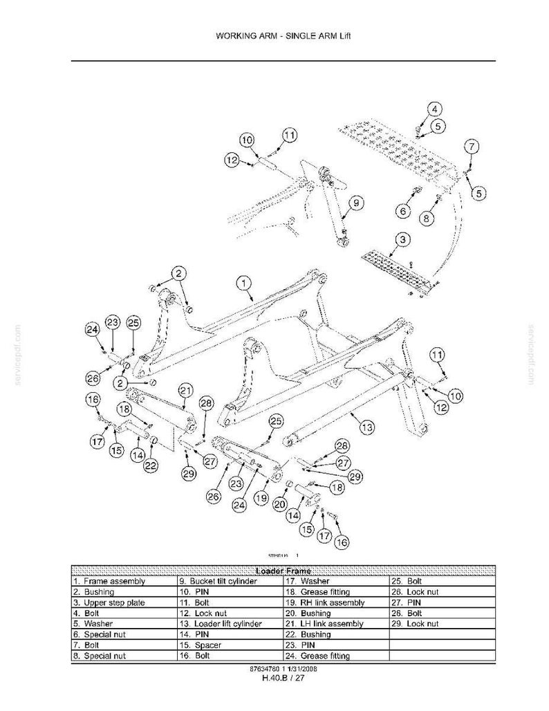 May include: Diagram of a working arm single arm lift, with various parts labeled. Includes a loader frame with components like bolts, bushings, and cylinders. The diagram is in black and white.