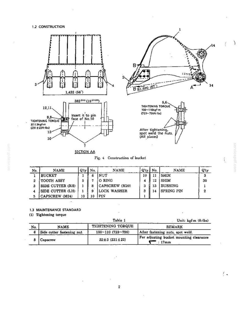 May include: A technical diagram labeled 1.2 CONSTRUCTION showing the assembly of an excavator bucket. It includes line drawings, a parts list table with 14 items, and a maintenance standard table detailing tightening torque in ft-lbs and kgf-m.