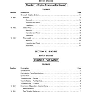 May include: A printed manual page with the title "SECTION 10 - ENGINE" and "BOOK 1 - 87535062". The page contains a table of contents for engine systems and fuel systems, including topics like radiators, water pumps, and fuel injectors.