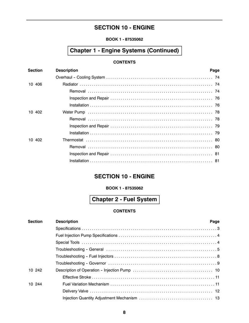 May include: A printed manual page with the title "SECTION 10 - ENGINE" and "BOOK 1 - 87535062". The page contains a table of contents for engine systems and fuel systems, including topics like radiators, water pumps, and fuel injectors.
