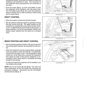 May include: A technical manual page titled 6-WORKING OPERATIONS containing text instructions and three black and white line drawings illustrating tractor control levers and buttons labelled 1 and 2 for position and draft control settings.