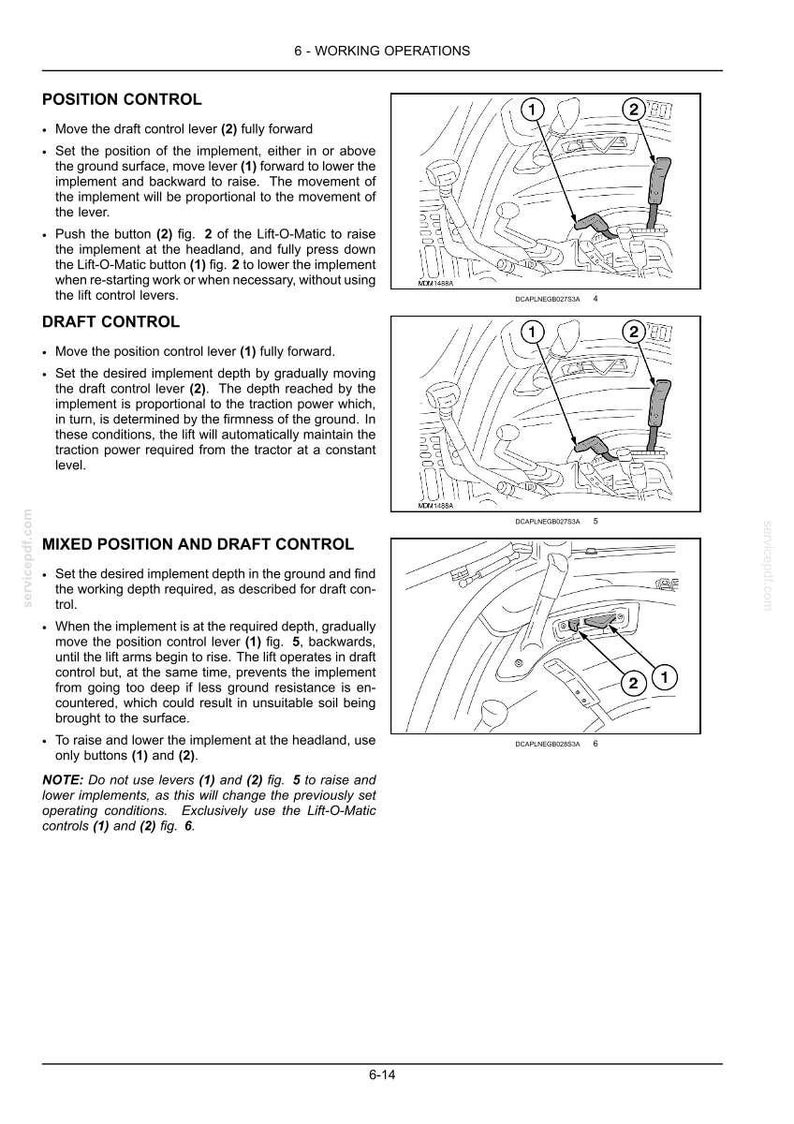 May include: A technical manual page titled 6-WORKING OPERATIONS containing text instructions and three black and white line drawings illustrating tractor control levers and buttons labelled 1 and 2 for position and draft control settings.