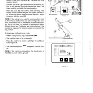 Op de afbeelding: Een technische handleidingspagina getiteld 6-WORKING OPERATIONS met zwart-witdiagrammen van machinebedieningselementen, genummerde indicatoren van 5 tot 9, een slakpictogram, een veiligheidshendelillustratie en een digitaal display.
