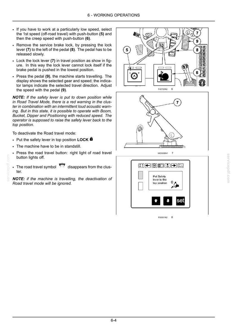 Op de afbeelding: Een technische handleidingspagina getiteld 6-WORKING OPERATIONS met zwart-witdiagrammen van machinebedieningselementen, genummerde indicatoren van 5 tot 9, een slakpictogram, een veiligheidshendelillustratie en een digitaal display.