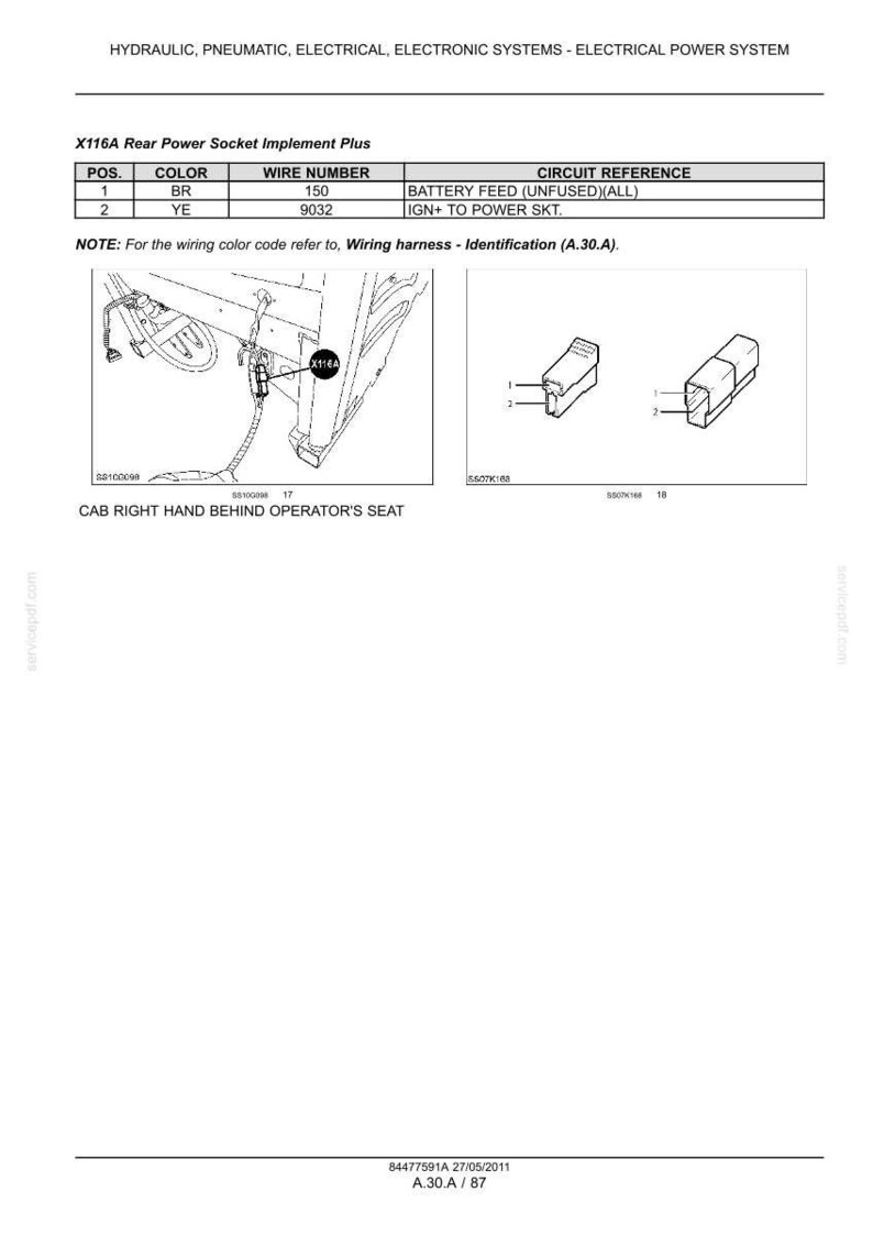 May include: Diagram of an electrical system, including a table with wire numbers and circuit references. The image includes illustrations of wiring components and the text "X116A Rear Power Socket Implement Plus."