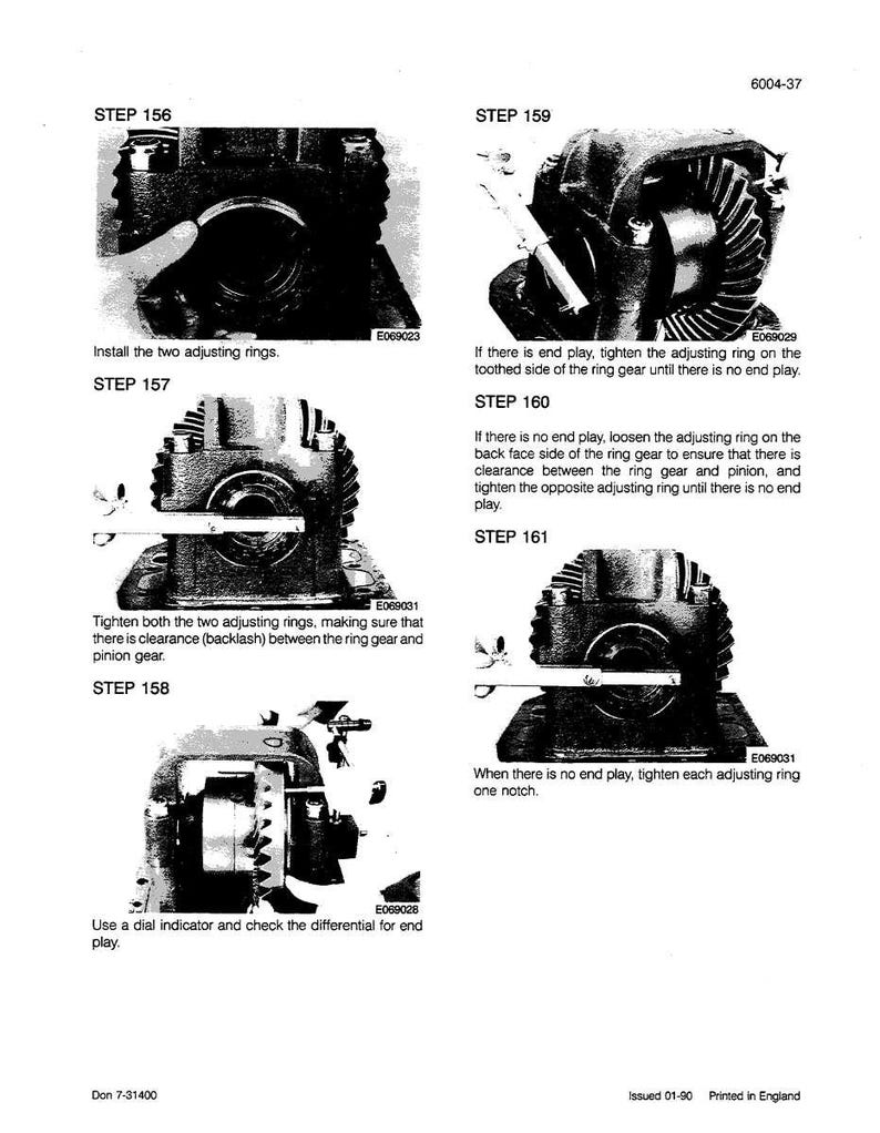 May include: A technical diagram with multiple illustrations detailing the steps for adjusting a ring gear. The images show mechanical components with text instructions, including "Install the two adjusting rings" and "Tighten both adjusting rings."