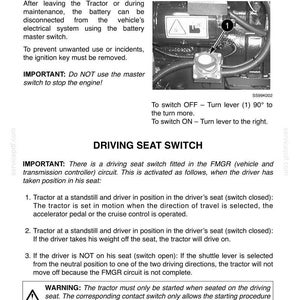 Op de afbeelding: Een pagina uit een technisch handboek getiteld DRIVING, met instructies voor de BATTERY MASTER SWITCH en de DRIVING SEAT SWITCH. Het bevat een zwart-witfoto van een accuschakelaar met een hendel die is gemarkeerd met het cijfer 1.