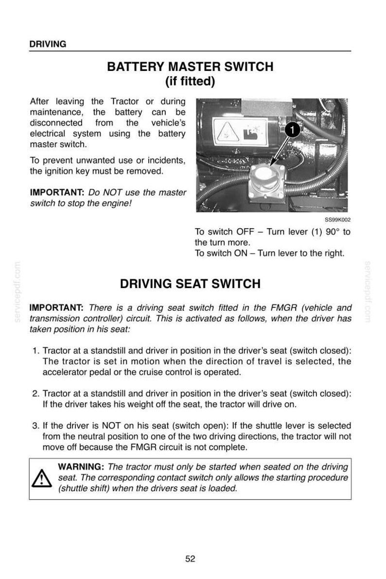 Op de afbeelding: Een pagina uit een technisch handboek getiteld DRIVING, met instructies voor de BATTERY MASTER SWITCH en de DRIVING SEAT SWITCH. Het bevat een zwart-witfoto van een accuschakelaar met een hendel die is gemarkeerd met het cijfer 1.