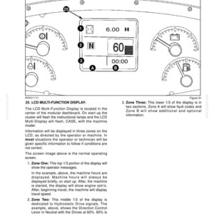May include: Diagram of a machine's instrument panel, featuring an LCD multi-function display. The display shows readings for hours, speed, and other operational data. Gauges and indicators surround the central display.