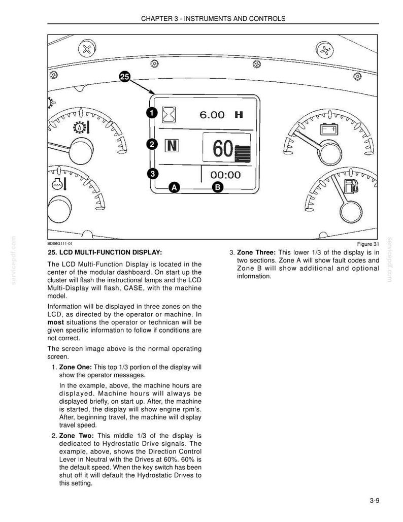 May include: Diagram of a machine's instrument panel, featuring an LCD multi-function display. The display shows readings for hours, speed, and other operational data. Gauges and indicators surround the central display.