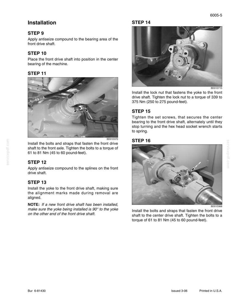 May include: A grayscale image of an installation guide for a mechanical component. The guide includes numbered steps with accompanying images and instructions for assembling parts, including applying antiseize compound and tightening bolts to specific torque values.