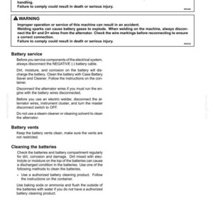 May include: A page from a maintenance manual with safety warnings and instructions for battery service. The text includes warnings about chemical hazards and improper operation, along with steps for cleaning and maintaining batteries.