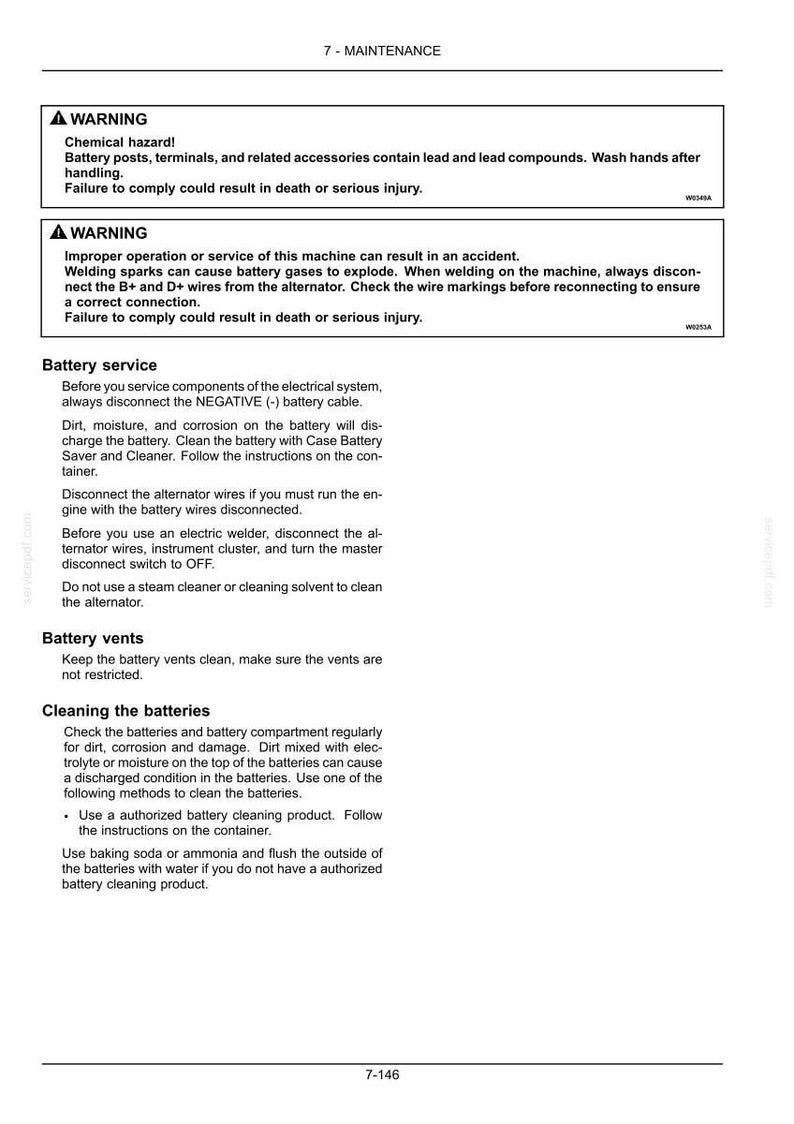 May include: A page from a maintenance manual with safety warnings and instructions for battery service. The text includes warnings about chemical hazards and improper operation, along with steps for cleaning and maintaining batteries.