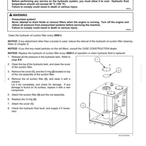 May include: Diagram of a hydraulic oil suction filter with numbered components and safety warnings. The filter is part of a hydraulic system and requires specific maintenance procedures, including cleaning and replacement.