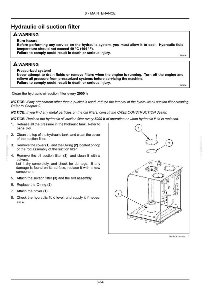 May include: Diagram of a hydraulic oil suction filter with numbered components and safety warnings. The filter is part of a hydraulic system and requires specific maintenance procedures, including cleaning and replacement.