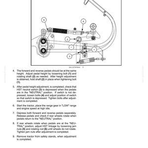 Pu&ograve; includere: Un disegno tecnico al tratto che illustra la manutenzione di un gruppo pedali per trattore, etichettato con componenti numerati da 1 a 6. Il diagramma mostra il leveraggio del pedale, i bulloni e un interruttore di folle HST, con istruzioni.