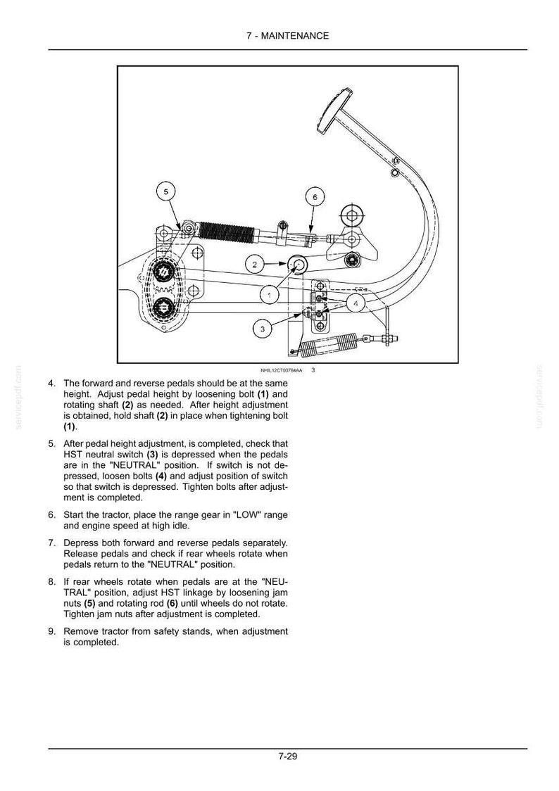 Pu&ograve; includere: Un disegno tecnico al tratto che illustra la manutenzione di un gruppo pedali per trattore, etichettato con componenti numerati da 1 a 6. Il diagramma mostra il leveraggio del pedale, i bulloni e un interruttore di folle HST, con istruzioni.