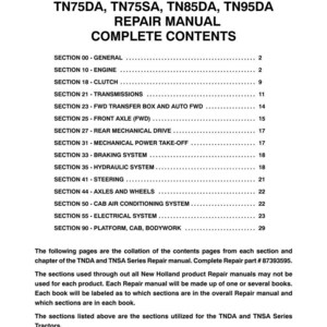 May include: A white document page titled TN60DA, TN60SA, TN70DA, TN70SA, TN75DA, TN75SA, TN85DA, TN95DA REPAIR MANUAL COMPLETE CONTENTS. It lists sections from 00 to 90 with corresponding page numbers and includes explanatory text about the manual series.