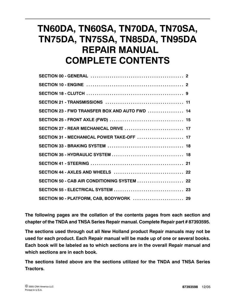 May include: A white document page titled TN60DA, TN60SA, TN70DA, TN70SA, TN75DA, TN75SA, TN85DA, TN95DA REPAIR MANUAL COMPLETE CONTENTS. It lists sections from 00 to 90 with corresponding page numbers and includes explanatory text about the manual series.