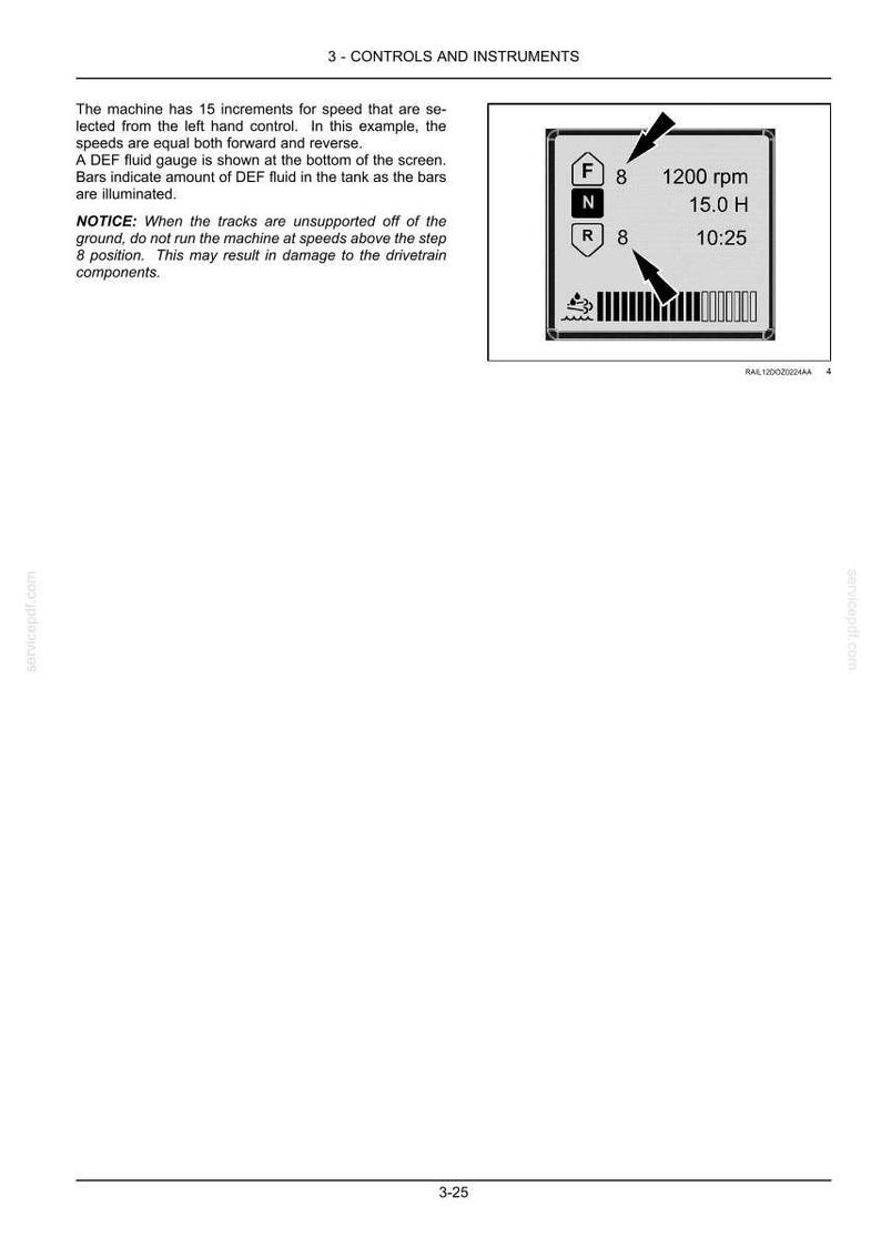 May include: Diagram of a machine control panel. The panel displays speed, RPM, and time. The forward and reverse speeds are set to 8. The RPM is 1200, and the time is 10:25.