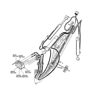 May include: An illustration of a hydraulic installation, featuring boom, dipper, and bucket cylinders. The diagram includes labels for various sections like inlet, outlet, and swing. The text "Illustration For Hose Routing Only" is also present.