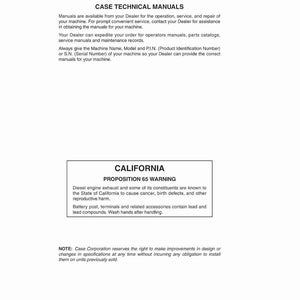 May include: A white page with the text "CASE TECHNICAL MANUALS" at the top. The text provides information about obtaining manuals for machine operation, service, and repair. A warning about California Proposition 65 is also included.