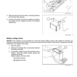 May include: Diagrams illustrating battery maintenance steps. Includes images of a battery, cables, and a circuit tester. Text instructions detail disconnecting cables, washing terminals, and checking voltage. The text includes the phrase "Battery voltage: more than 12 V".