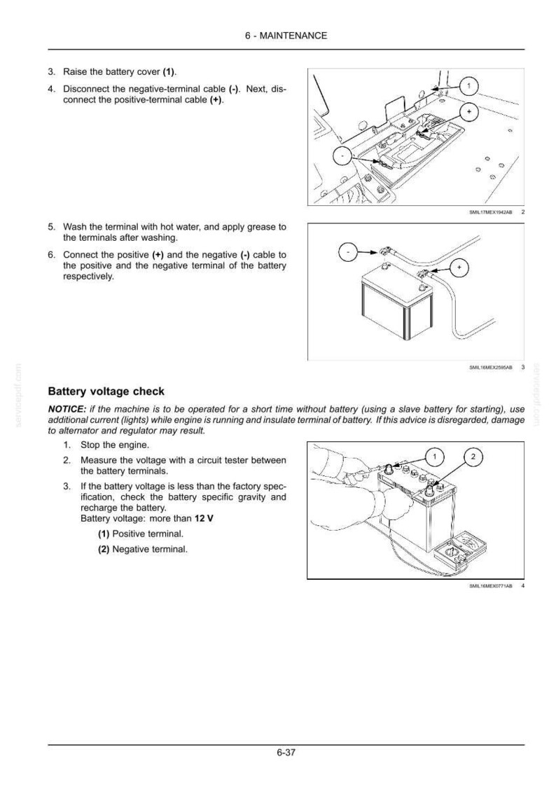 May include: Diagrams illustrating battery maintenance steps. Includes images of a battery, cables, and a circuit tester. Text instructions detail disconnecting cables, washing terminals, and checking voltage. The text includes the phrase "Battery voltage: more than 12 V".