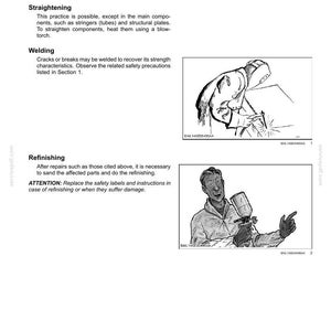 May include: Technical diagram illustrating drawbar and hitch assembly repair. Includes sections on straightening, welding, and refinishing. Features line drawings of a welder and a person using a paint sprayer. Text includes safety instructions.
