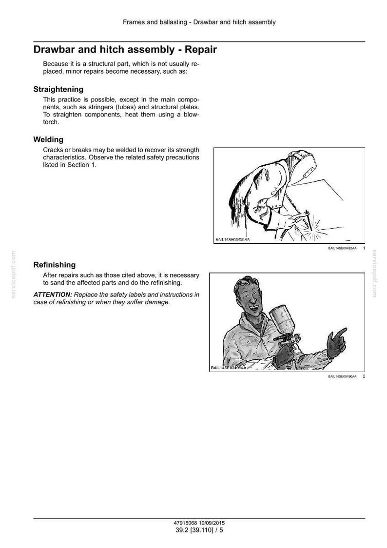 May include: Technical diagram illustrating drawbar and hitch assembly repair. Includes sections on straightening, welding, and refinishing. Features line drawings of a welder and a person using a paint sprayer. Text includes safety instructions.