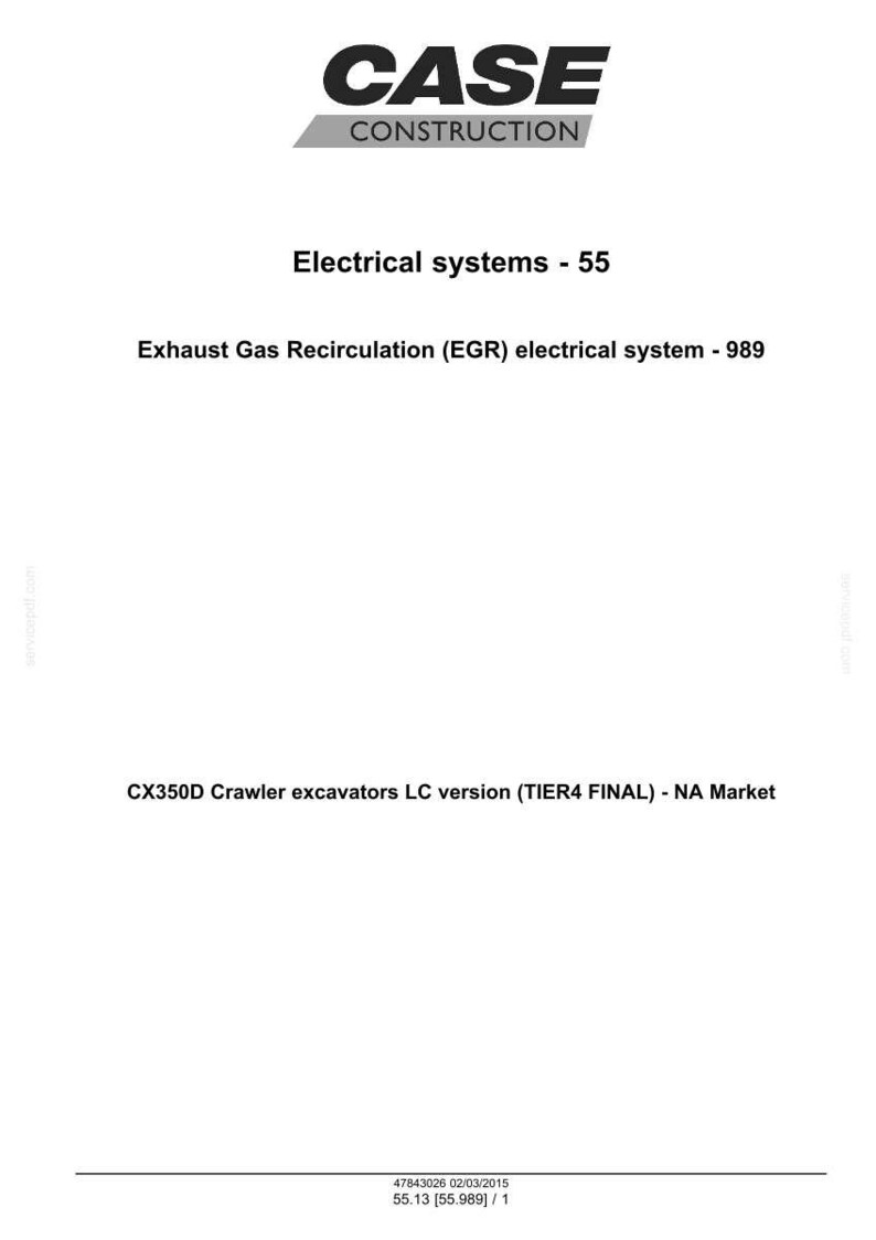 May include: Image of a document with the CASE CONSTRUCTION logo. The document details electrical systems, including Exhaust Gas Recirculation (EGR) for CX350D Crawler excavators. Text includes version details and a date.
